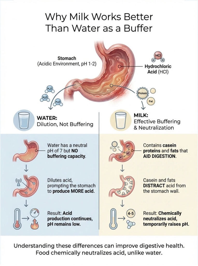 Infographic comparing milk and water as buffers in the stomach, detailing pH levels and digestion effects.