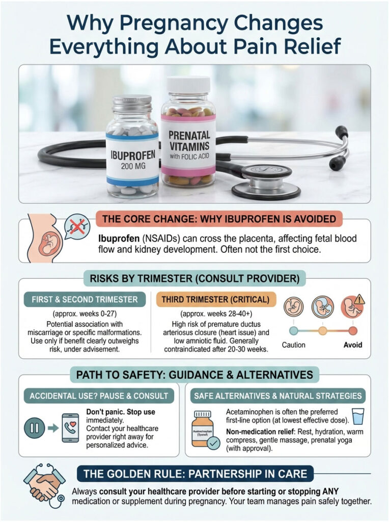 Infographic explaining pain relief during pregnancy, highlighting ibuprofen risks and safe alternatives.