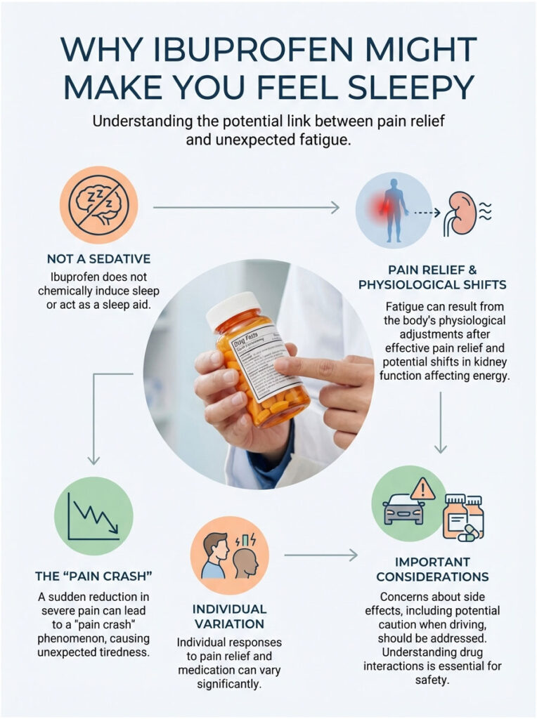 Infographic explaining why ibuprofen may cause sleepiness, featuring text and icons about pain relief and fatigue.
