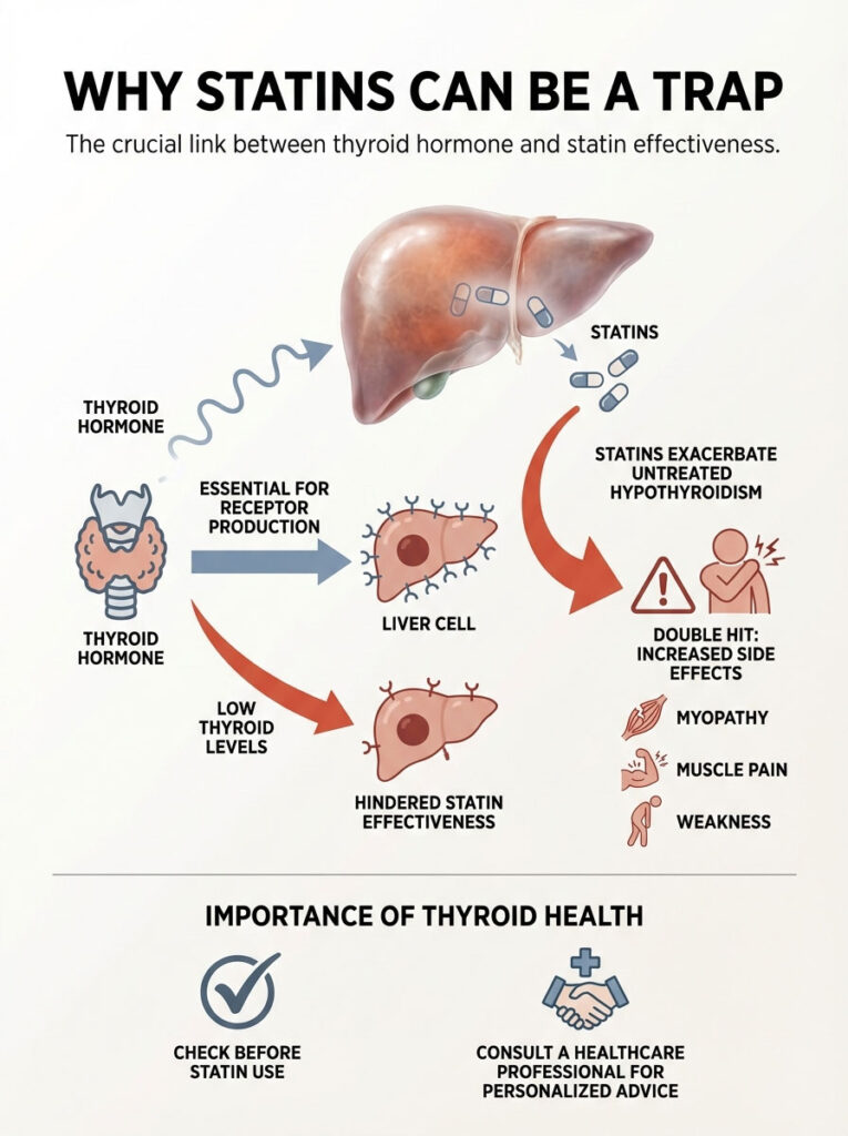 Infographic explaining the link between thyroid hormone and statin effectiveness, featuring liver cell illustrations and key points.