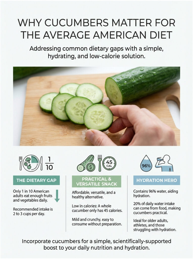 Infographic showing cucumbers' dietary benefits, hydration stats, and recommended intake with visuals of sliced cucumbers.