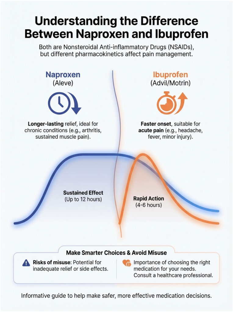 Infographic comparing Naproxen and Ibuprofen, highlighting usage, effects, and risks of misuse.