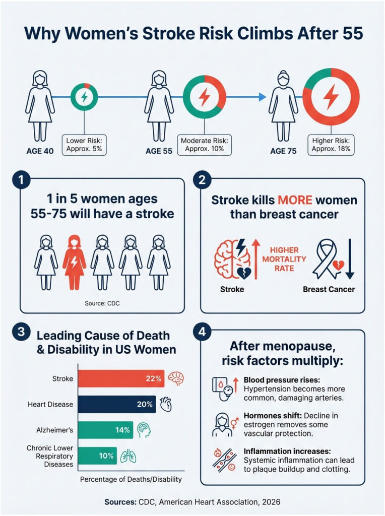 Infographic showing women's stroke risk increases with age, statistics, and risk factors after menopause.