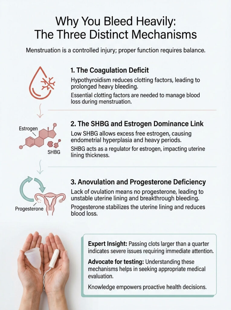 Infographic explaining heavy menstrual bleeding causes with three mechanisms: coagulation deficit, SHBG link, and progesterone deficiency.