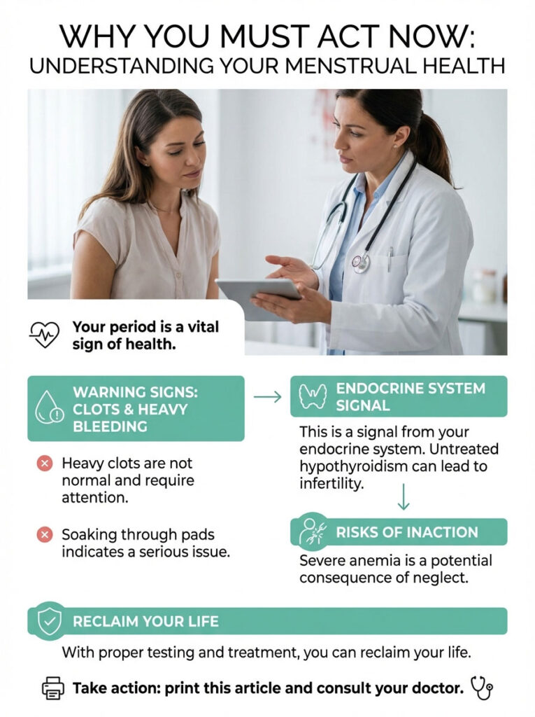 Two women discuss menstrual health; infographic highlights warning signs and risks of inaction.
