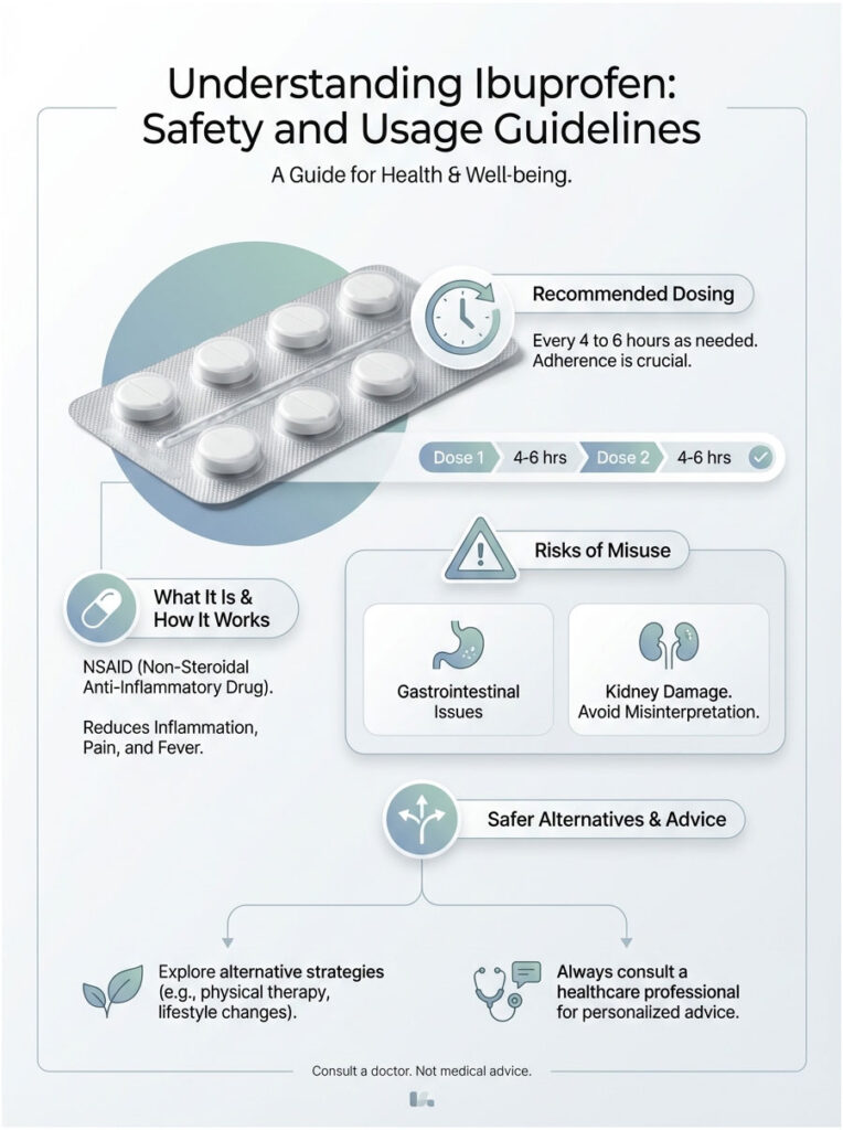 Infographic explaining ibuprofen safety, dosage, risks, and alternatives with icons and charts.