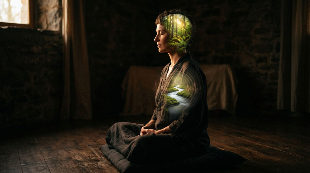 A woman meditates in a dimly lit room, with a forest scene emerging from her head and a river visible in her chest.