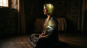 A woman meditates in a dimly lit room, with a forest scene emerging from her head and a river visible in her chest.