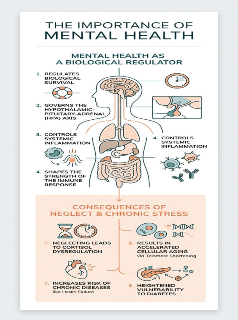 Infographic illustrating the importance of mental health, showing biological regulation and consequences of neglect and chronic stress.