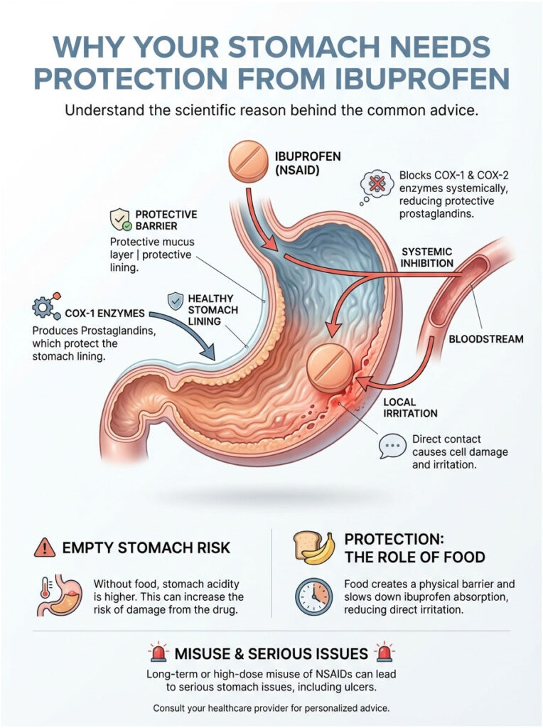 Infographic explaining stomach protection from ibuprofen, showing stomach anatomy, risks, and protective measures.