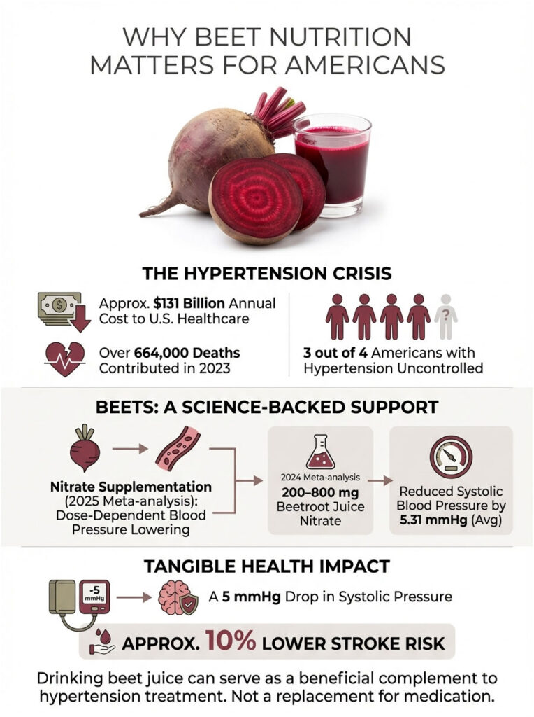 Infographic showing beet nutrition benefits, hypertension statistics, and health impacts with visuals of beets and juice.