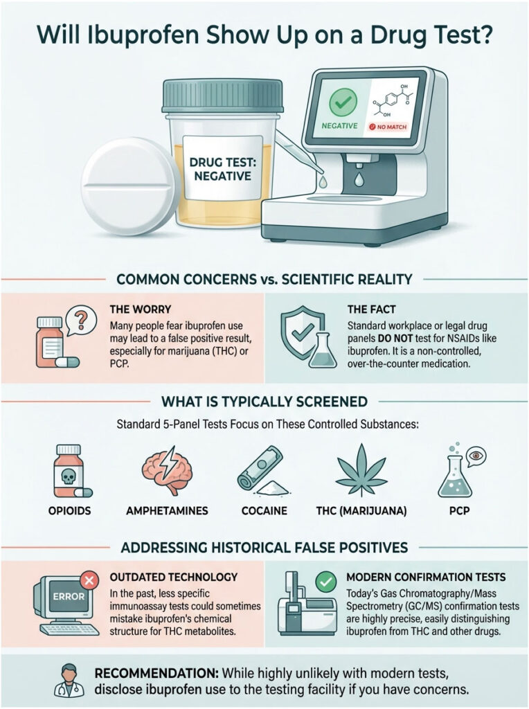 Infographic explaining ibuprofen and drug tests, showing negative test results and common concerns versus facts.