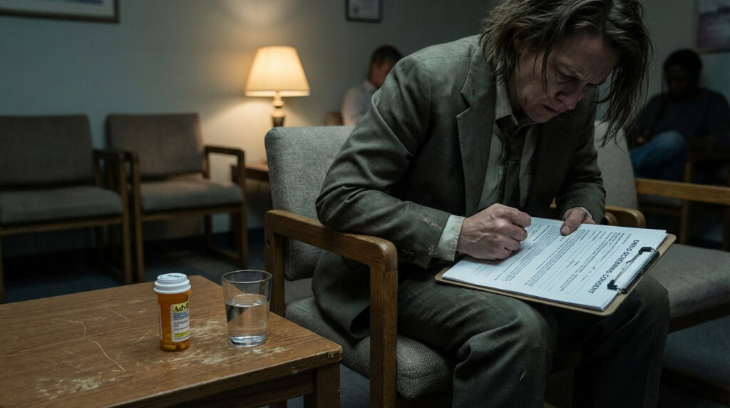 A person in a suit fills out a form in a waiting room with a glass of water and a pill bottle on the table.