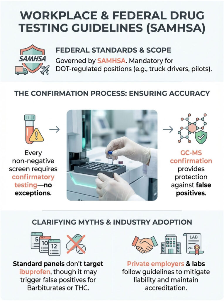 Infographic detailing SAMHSA workplace drug testing guidelines, featuring charts and testing processes.