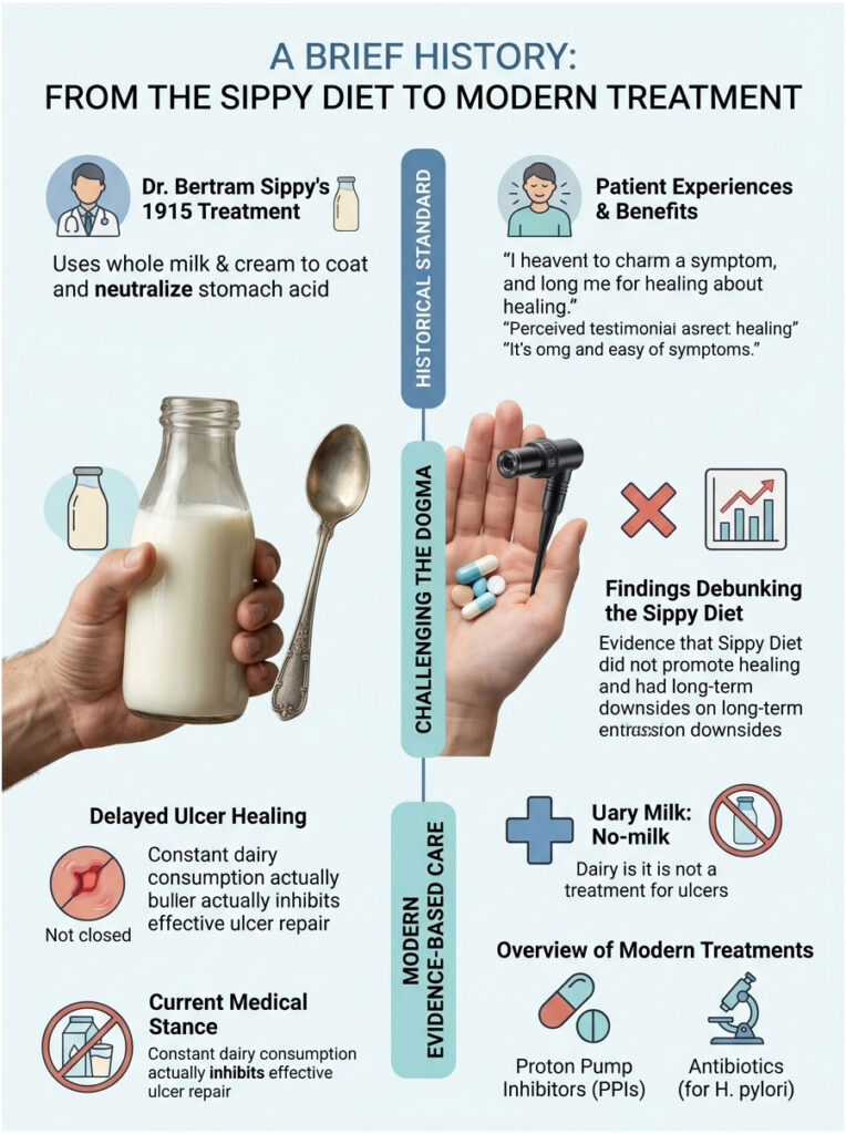 Infographic showing the history of the Sippy diet, patient experiences, and modern ulcer treatments with illustrations and data.