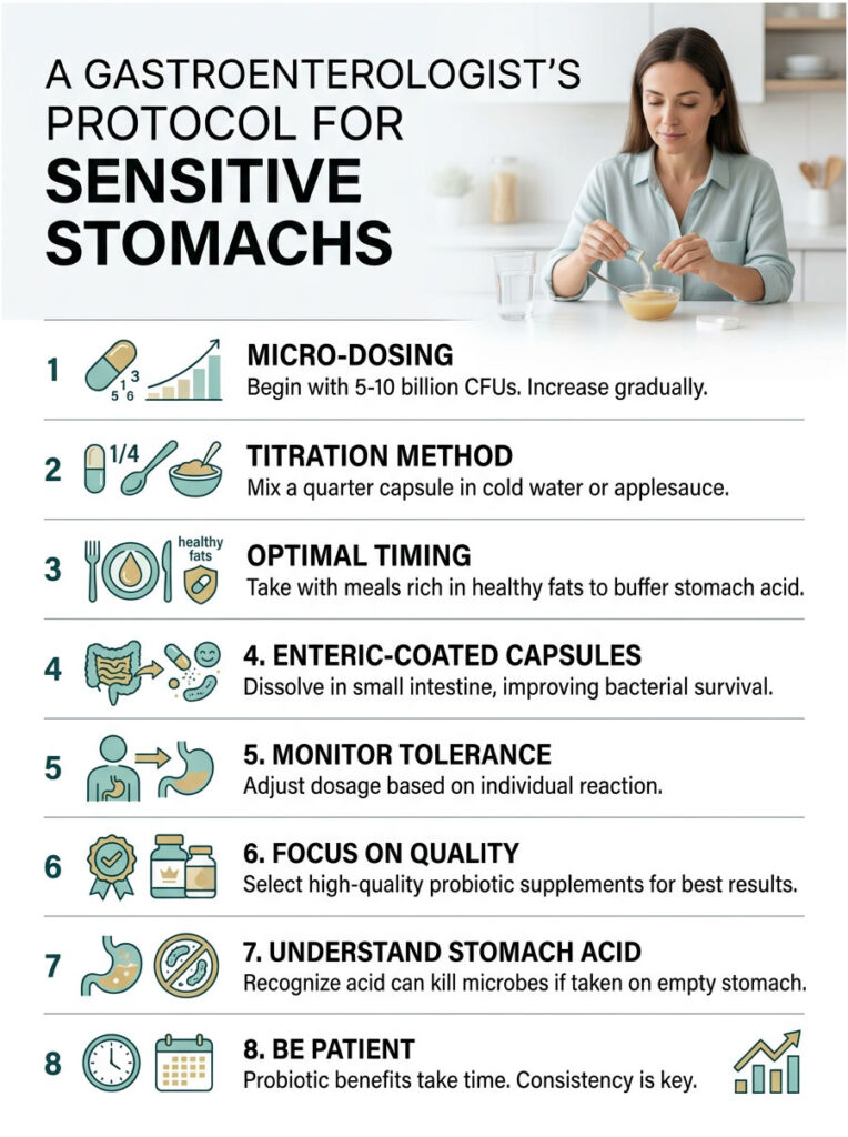 Infographic detailing a gastroenterologist's protocol for sensitive stomachs with eight steps and icons.