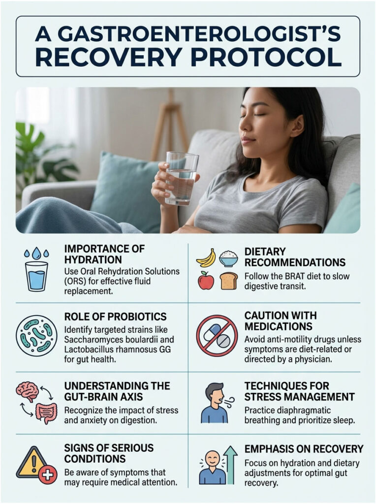 A woman drinks water while sitting on a couch, with a recovery protocol infographic detailing hydration, probiotics, and dietary recommendations.
