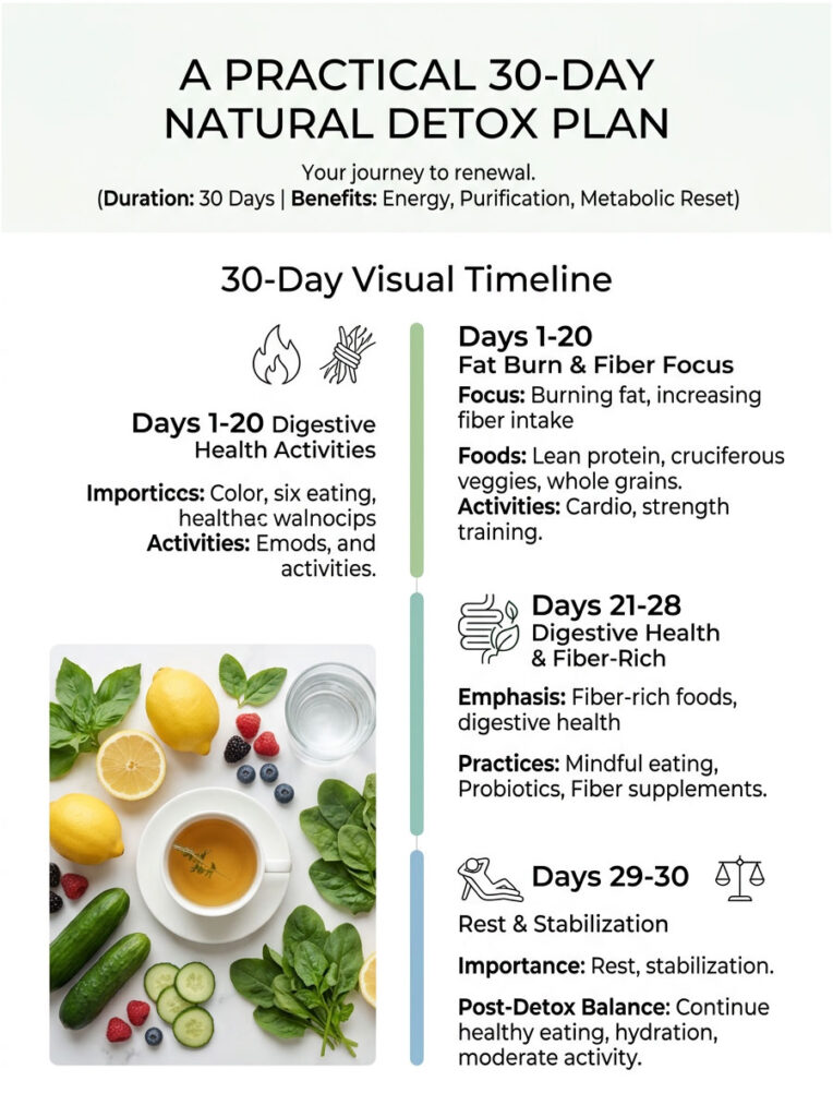 Infographic detailing a 30-day natural detox plan with timelines, activities, and food suggestions for health improvement.