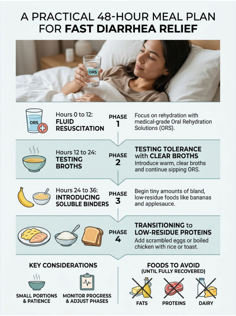 Infographic detailing a 48-hour meal plan for fast diarrhea relief with phases and key considerations.