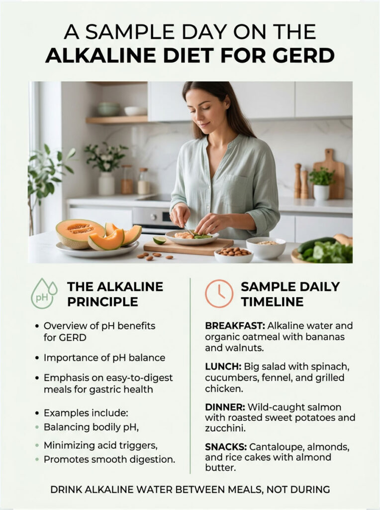 Woman prepares a meal featuring fruits and vegetables, with text on alkaline diet for GERD and daily meal plan. Infographic.