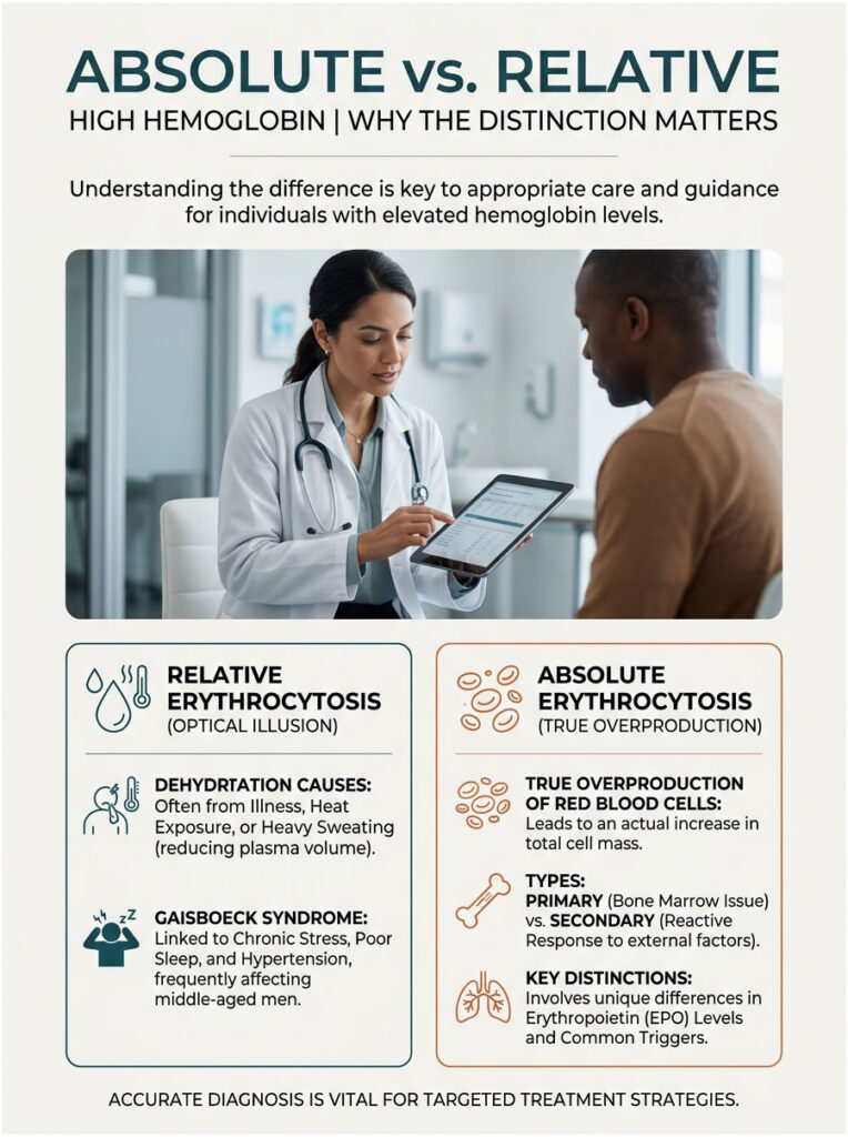 Infographic comparing absolute and relative erythrocytosis with causes and key distinctions illustrated.