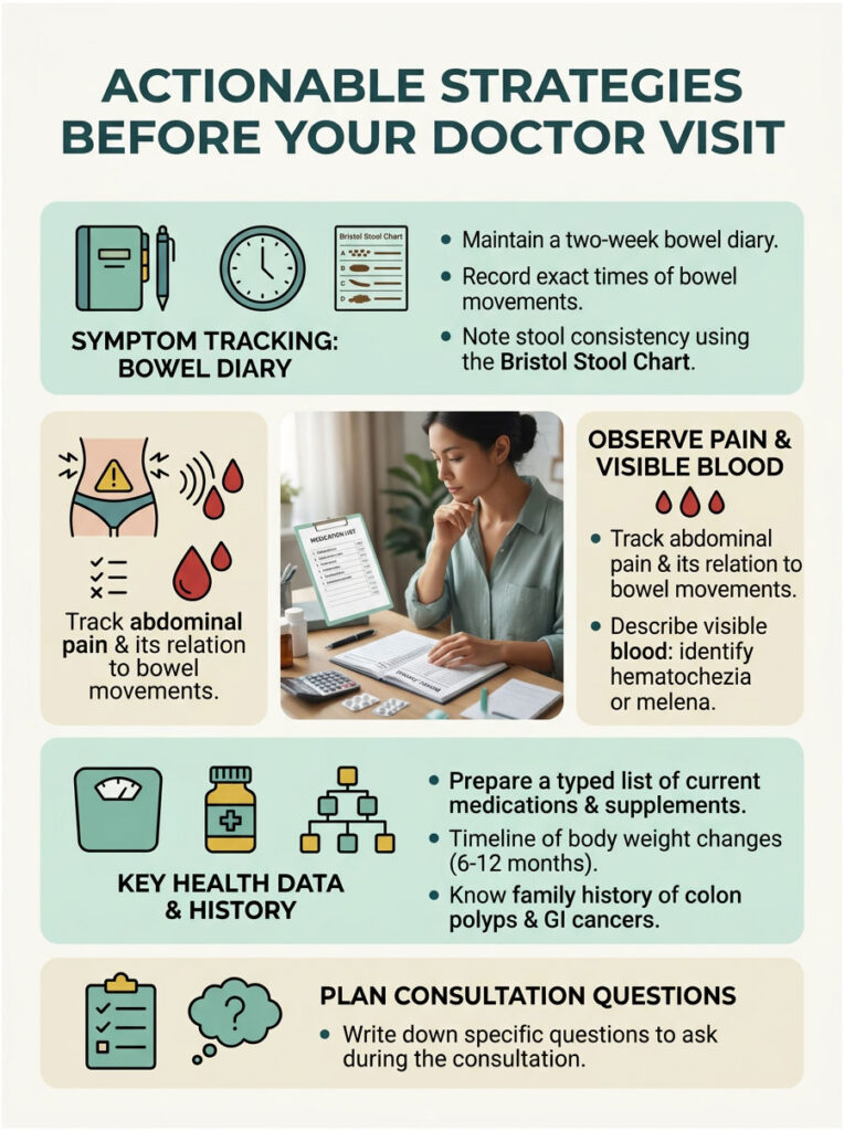 Infographic detailing strategies before a doctor visit, including symptom tracking and consultation questions.