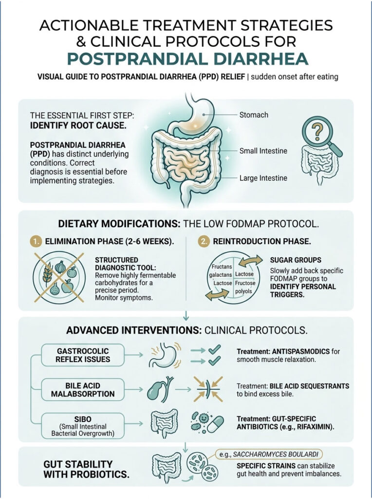 Infographic detailing actionable treatment strategies for postprandial diarrhea, including dietary modifications and clinical protocols.
