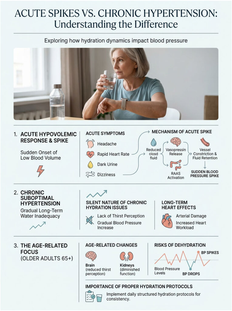 Infographic comparing acute spikes and chronic hypertension, detailing symptoms, mechanisms, and hydration impact.