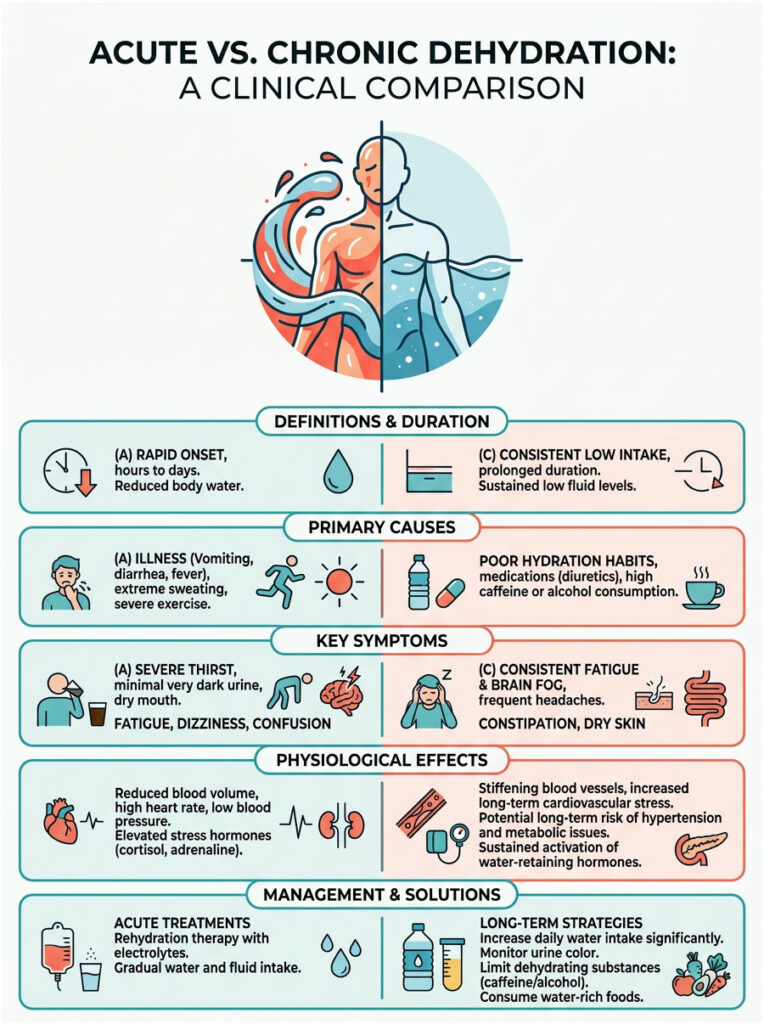 Infographic comparing acute and chronic dehydration, detailing definitions, causes, symptoms, effects, and solutions.