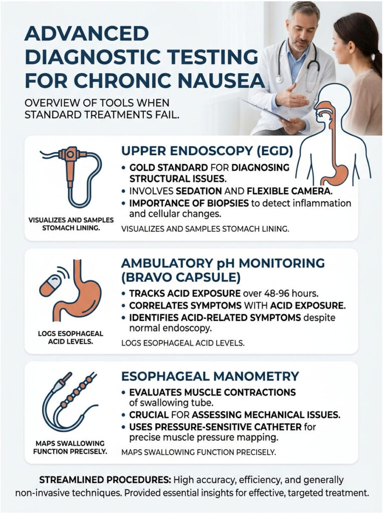 Infographic on advanced diagnostic testing for chronic nausea, detailing upper endoscopy, pH monitoring, and manometry.