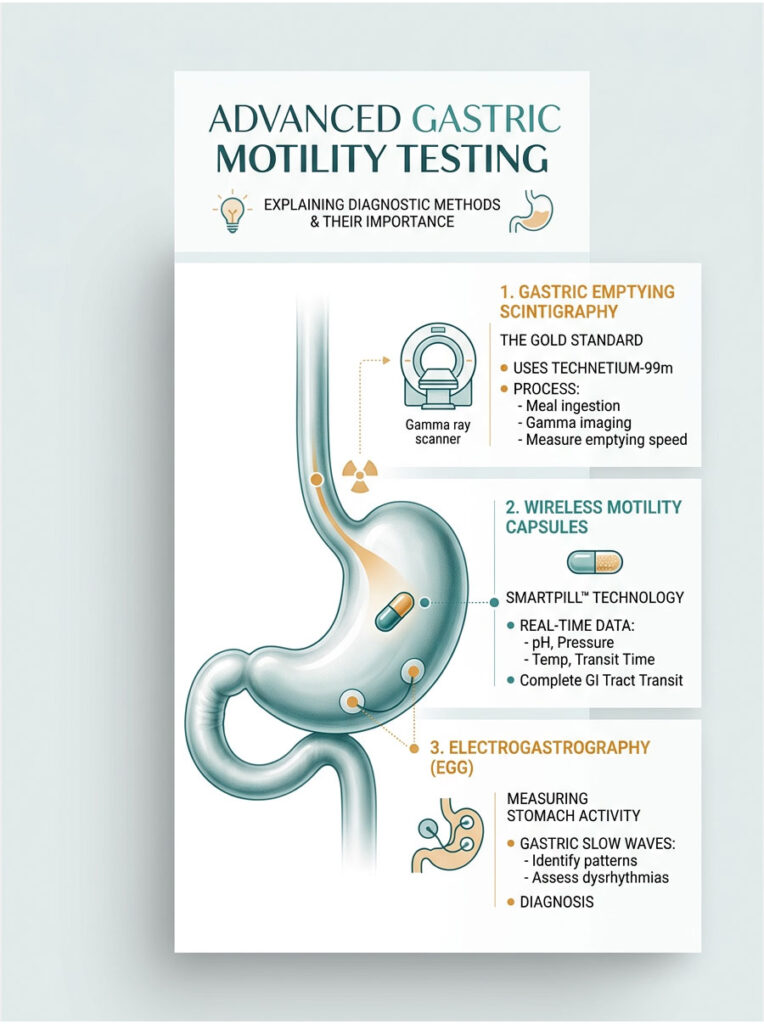 Infographic explaining advanced gastric motility testing methods, including gastric emptying scintigraphy, wireless motility capsules, and electrogram.