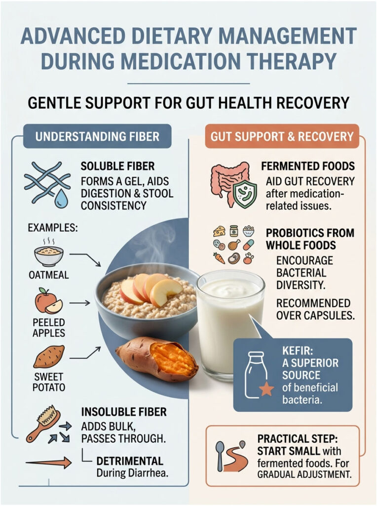 Infographic on dietary management during medication therapy, detailing fiber types, gut recovery foods, and practical steps.