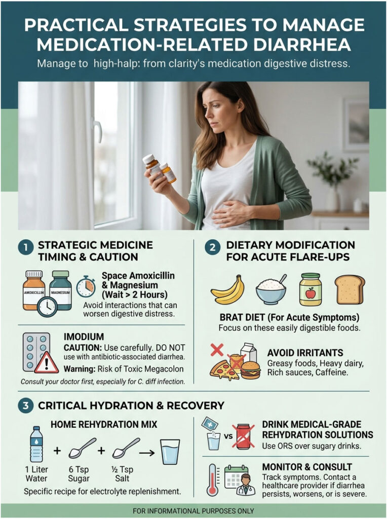 Woman holds medication bottles while reviewing strategies for managing medication-related diarrhea in an infographic.