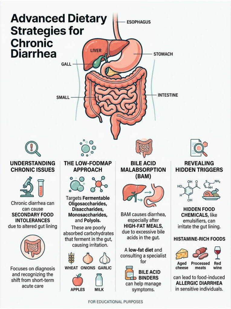 Infographic on dietary strategies for chronic diarrhea, featuring digestive system diagram and key approaches like Low-FODMAP.