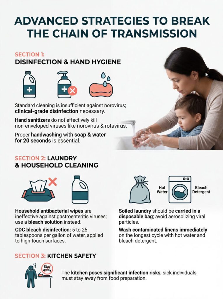Infographic on advanced strategies for infection prevention, featuring hand hygiene, laundry tips, and kitchen safety.