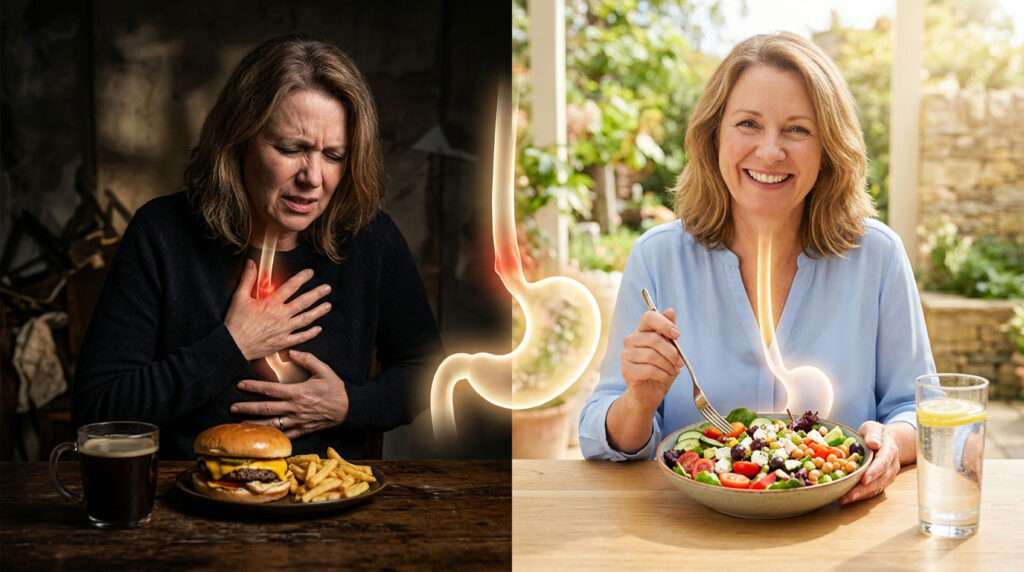 Woman experiences discomfort while eating a burger, then smiles with a salad in a bright outdoor setting.