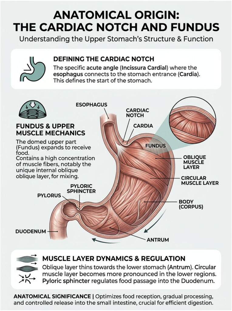 Diagram illustrating the cardiac notch and fundus of the stomach, showing muscle layers and anatomy details. Infographic.