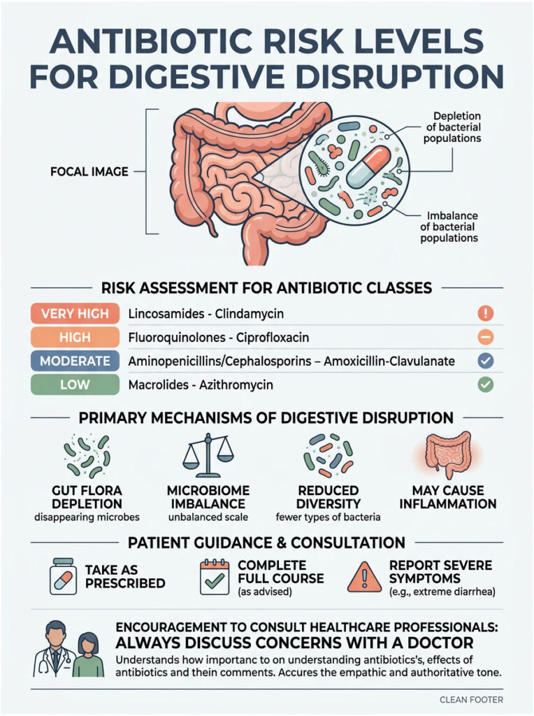 Infographic showing antibiotic risk levels for digestive disruption with charts, icons, and a gut illustration.