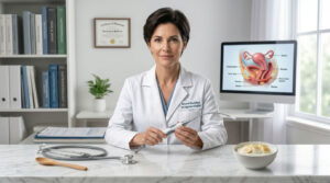 A female doctor in a white coat holds a medical instrument, with a computer displaying anatomy behind her.