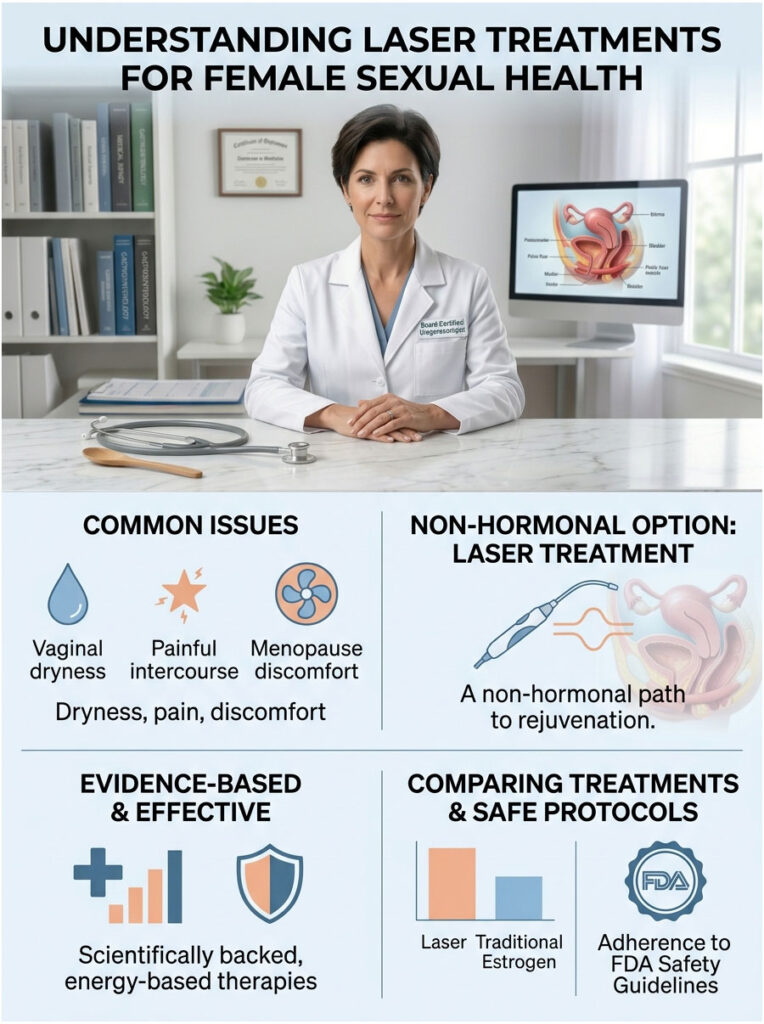 Infographic explaining laser treatments for female sexual health, featuring common issues and treatment options.