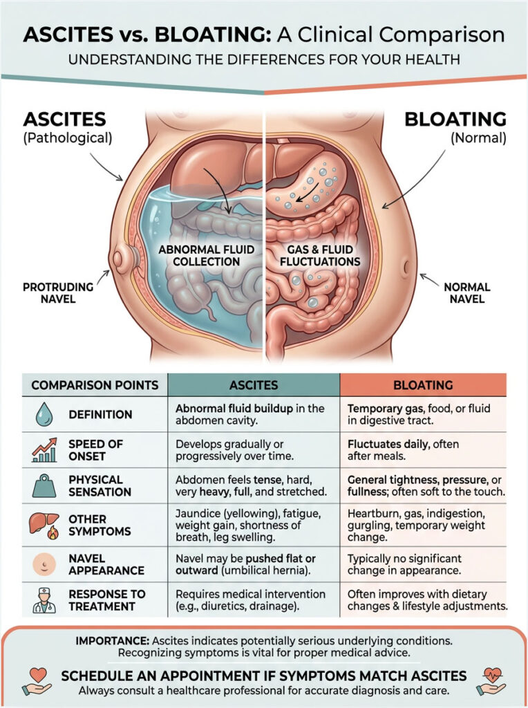 Infographic comparing ascites and bloating with illustrations, symptoms, and treatment responses.