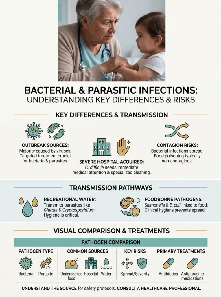 Infographic explaining bacterial and parasitic infections, featuring charts and icons on transmission and risks.