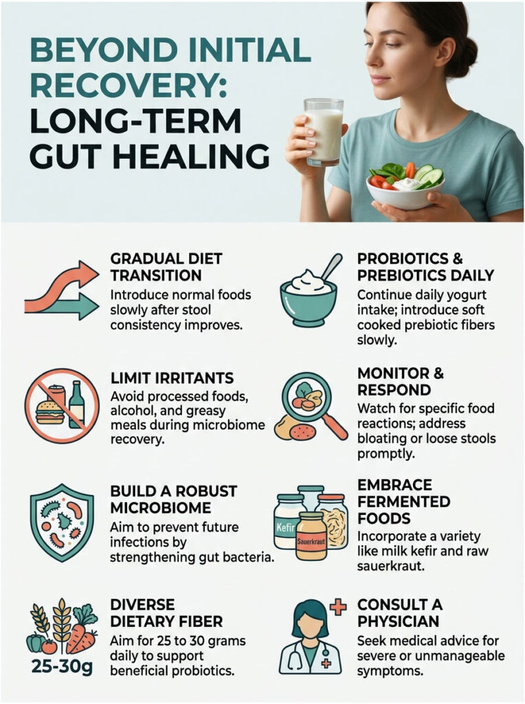 Infographic on long-term gut healing with tips like diet transition, probiotics, and fiber intake.