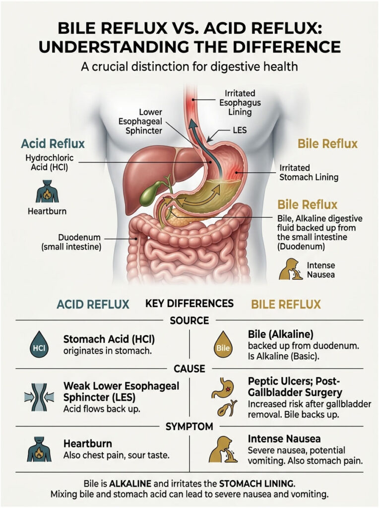 Infographic comparing bile reflux and acid reflux with illustrations, key differences, and symptoms listed.