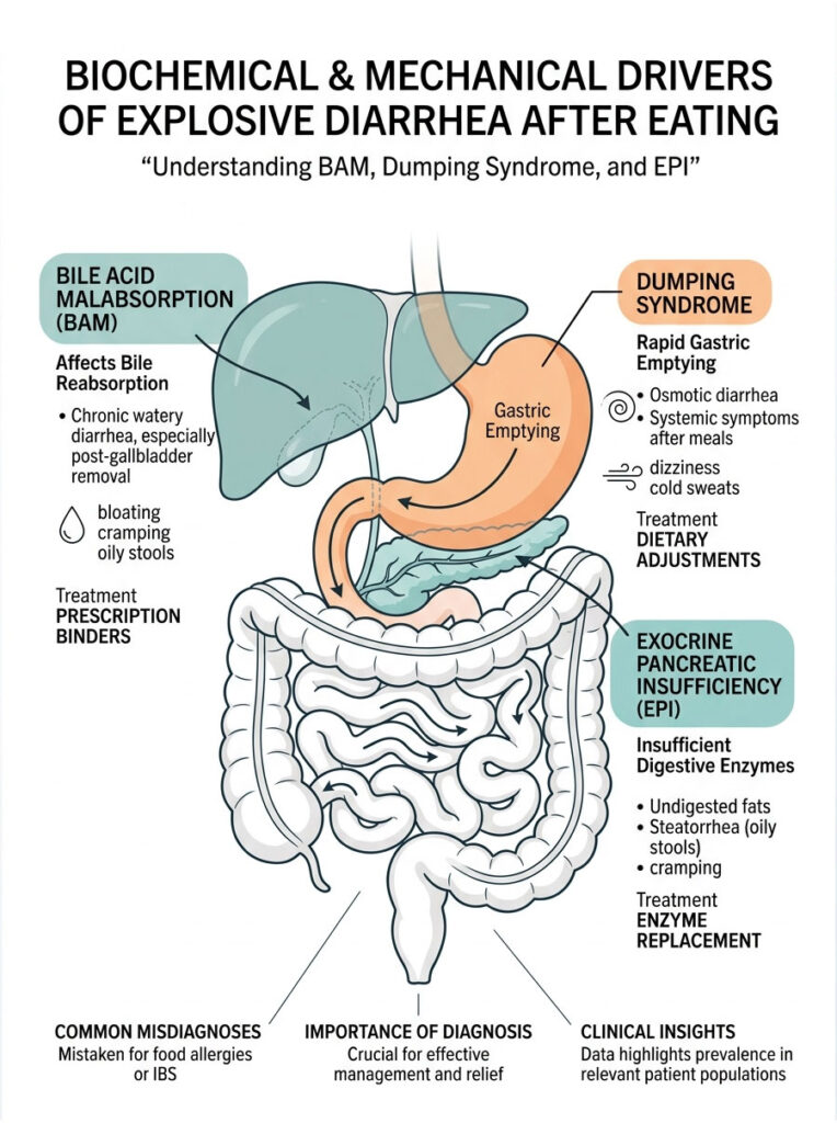 Infographic explaining biochemical and mechanical drivers of explosive diarrhea, detailing BAM, Dumping Syndrome, and EPI.