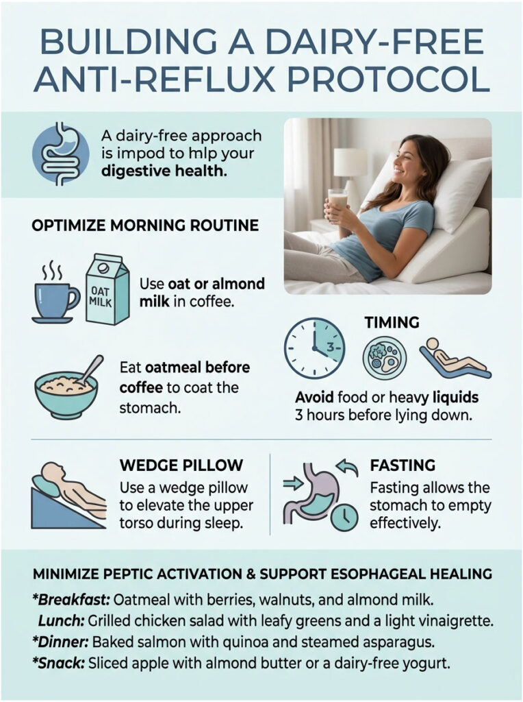 Infographic detailing a dairy-free anti-reflux protocol with tips on routines, timing, and meal suggestions.