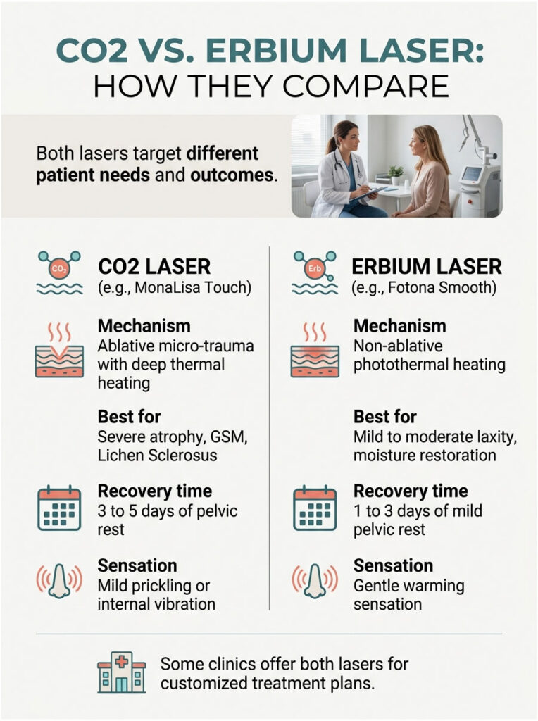 Comparison of CO2 and Erbium lasers detailing mechanisms, recovery times, and sensations experienced. Infographic.