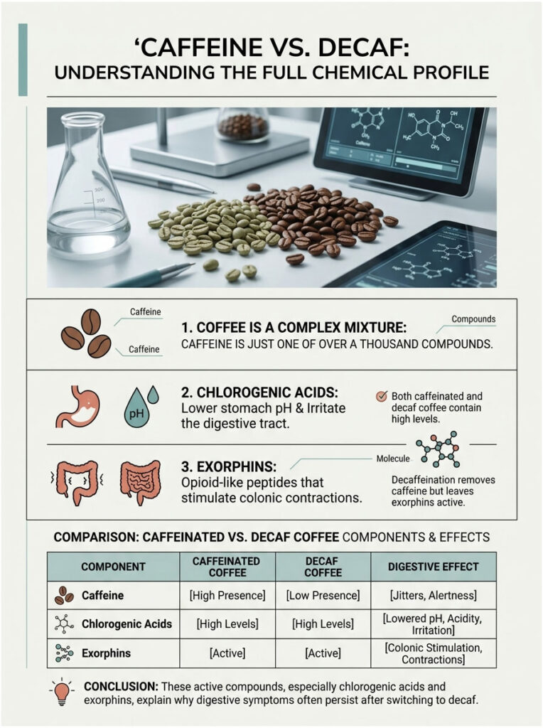 Infographic comparing caffeine and decaf coffee, highlighting chemical profiles and digestive effects with charts and icons.