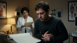 A man in a gray sweater sits in a doctor's office, holding his stomach, while a woman in a white coat observes him.