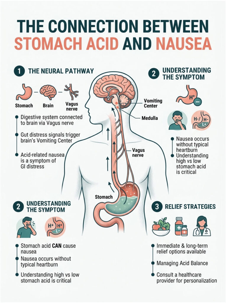 Infographic illustrating the connection between stomach acid and nausea, featuring diagrams and relief strategies.